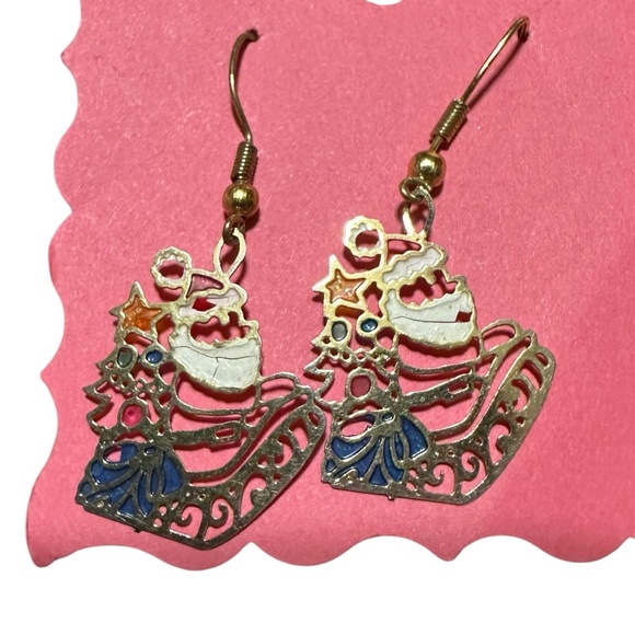 Vintage Santa Claus Sleigh Gold Tone Christmas Earrings Dangle - Picture 2 of 6